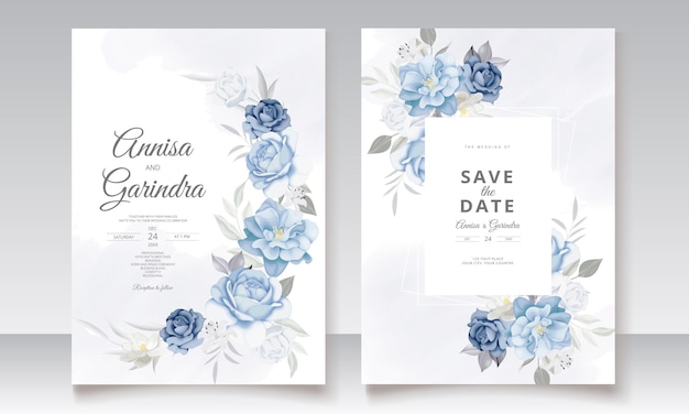 Tarjeta de invitación de boda elegante con hermosa plantilla floral y hojas