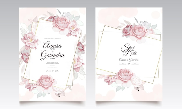 Tarjeta de invitación de boda elegante con hermosa plantilla floral y hojas
