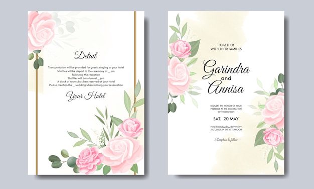 Tarjeta de invitación de boda elegante con hermosa plantilla floral y hojas