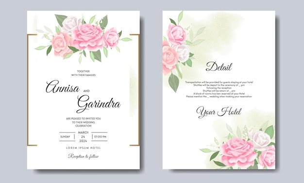 Tarjeta de invitación de boda elegante con hermosa plantilla floral y hojas