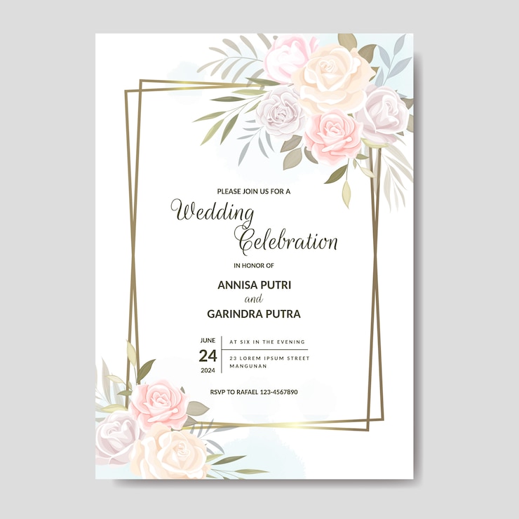 Vector tarjeta de invitación de boda elegante con hermosa plantilla floral y hojas