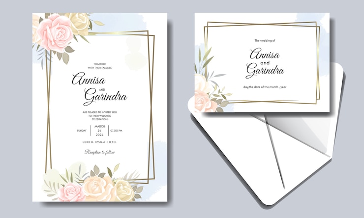 Vector tarjeta de invitación de boda elegante con hermosa plantilla floral y hojas