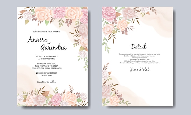 Vector tarjeta de invitación de boda elegante con hermosa plantilla floral y hojas