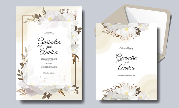 Tarjeta de invitación de boda elegante con hermosa plantilla floral y hojas