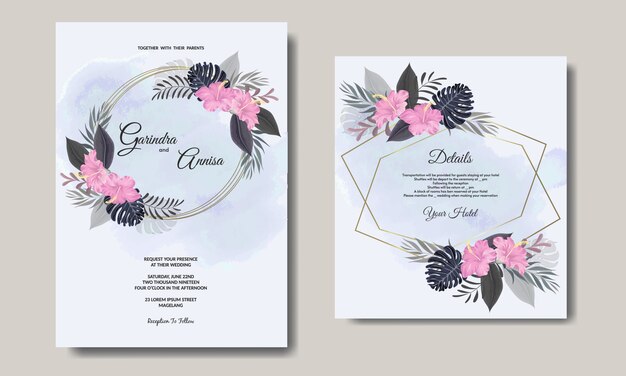 Tarjeta de invitación de boda elegante con hermosa plantilla floral y hojas