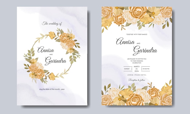 Tarjeta de invitación de boda elegante con hermosa plantilla floral y hojas