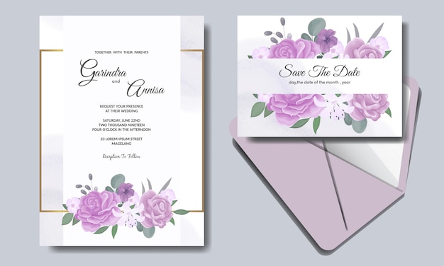 Tarjeta de invitación de boda elegante con hermosa plantilla floral y hojas