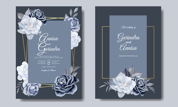 Tarjeta de invitación de boda elegante con hermosa plantilla floral y hojas