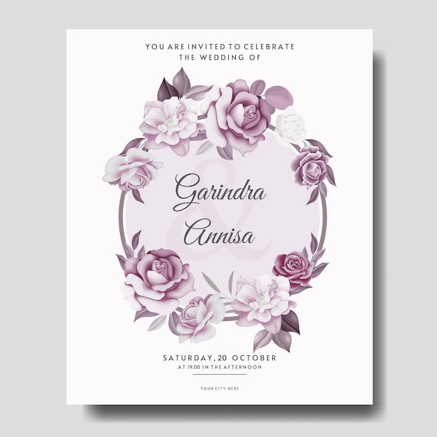 Tarjeta de invitación de boda elegante con hermosa plantilla floral y hojas