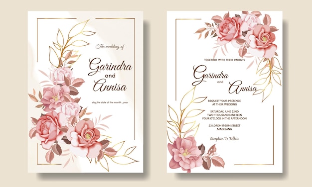Tarjeta de invitación de boda elegante con hermosas flores y hojas