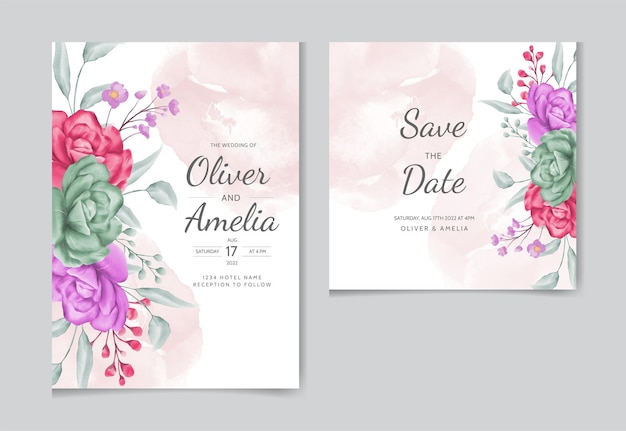 Tarjeta de invitación de boda elegante con hermoso diseño floral y hojas florecientes vector gratis