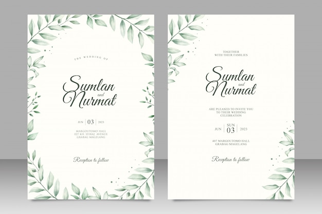 Tarjeta de invitación de boda elegante con hojas de acuarela