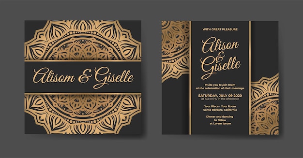 Tarjeta de invitación de boda elegante con plantilla de decoración de mandala