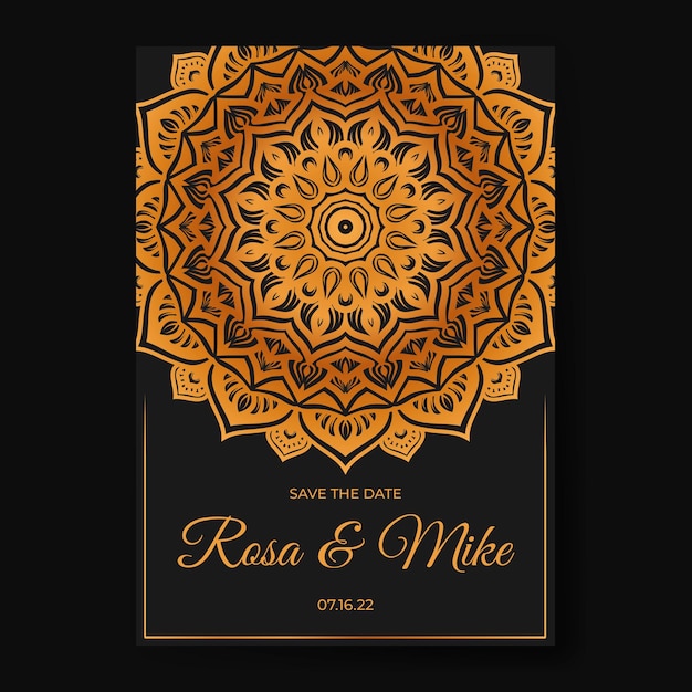 Tarjeta de invitación de boda elegante con plantilla de mandala