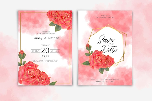 Tarjeta de invitación de boda elegante rosa rosa flor de acuarela