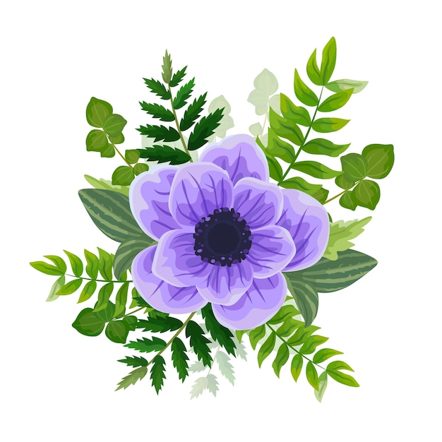 Tarjeta de invitación de boda. Encantadora plantilla. tarjeta con flor de anémona violeta.