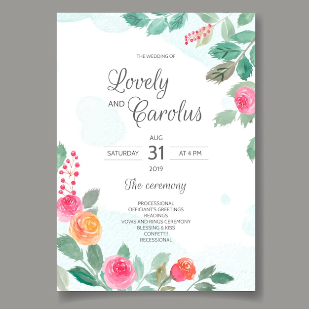 Tarjeta de invitación de boda establece plantilla con flores y hojas de acuarela