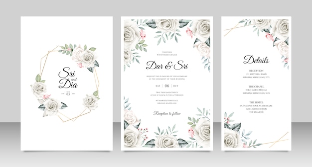 Vector tarjeta de invitación de boda establece plantilla con flores y hojas aquarel