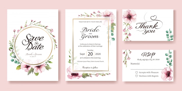 Tarjeta de invitación de boda. Flor de la anémona. Estilos de acuarela.
