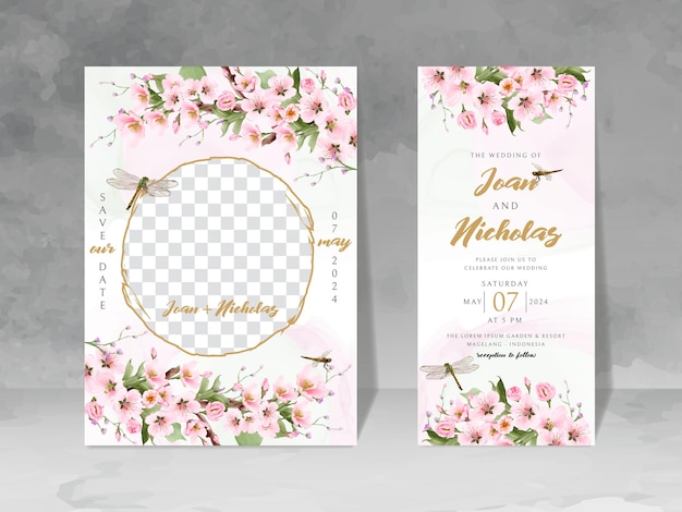 tarjeta de invitación de boda con flor de cerezo y libélula