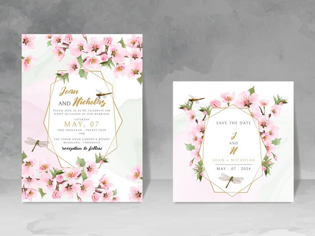 tarjeta de invitación de boda con flor de cerezo y libélula