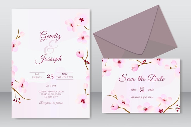 Vector tarjeta de invitación de boda de flor de cerezo