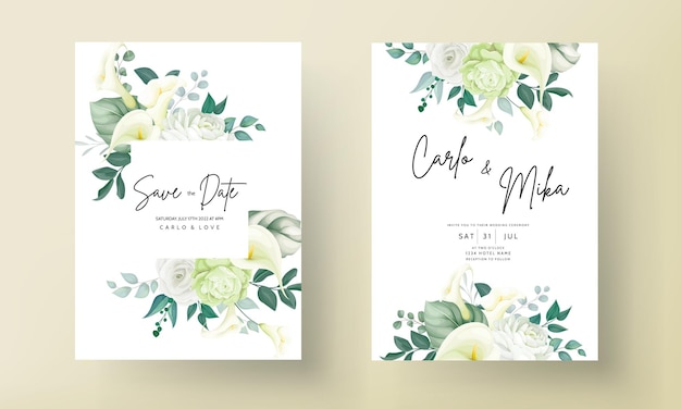 Vector tarjeta de invitación de boda de flor de lirio y rosa de lujo verde