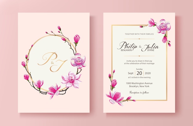 Tarjeta de invitación de boda de flor magnolia.