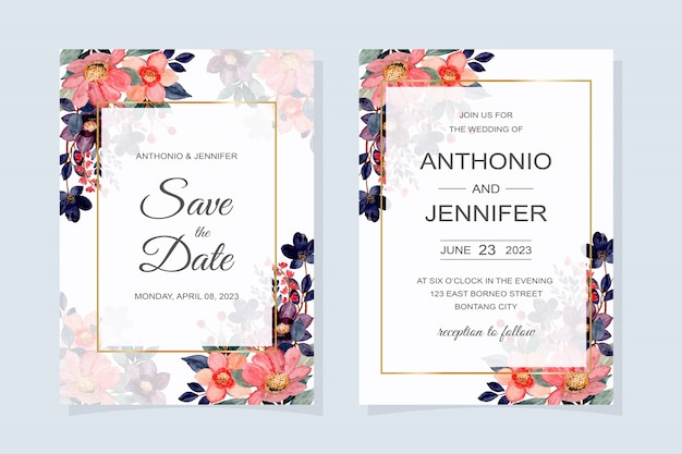 Tarjeta de invitación de boda con flor roja acuarela
