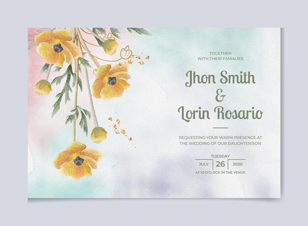 Tarjeta de invitación de boda floral acuarela fondo de boda con naturaleza dorada