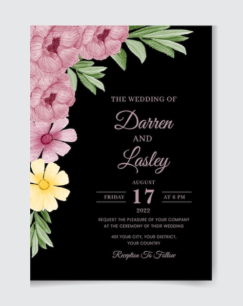 Tarjeta de invitación de boda floral acuarela con hojas y flores