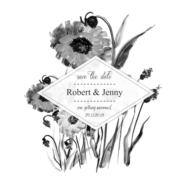 Tarjeta de invitación de boda floral blanco y negro acuarela