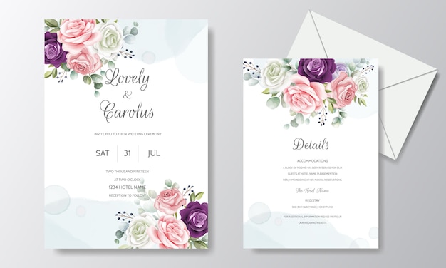 Tarjeta de invitación de boda floral dibujado a mano