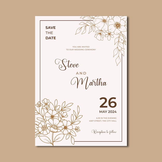 Tarjeta de invitación de boda floral elegante dibujada a mano