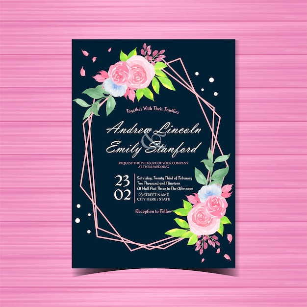 Vector tarjeta de invitación de boda floral con hermosas rosas rosadas