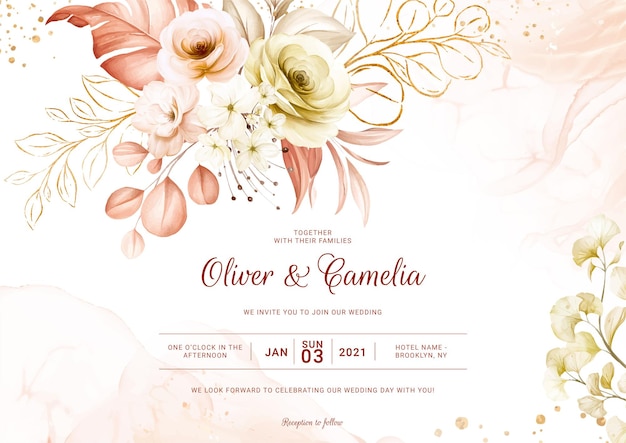 Tarjeta de invitación de boda floral landscpae con decoración floral pastel. concepto de diseño de follaje