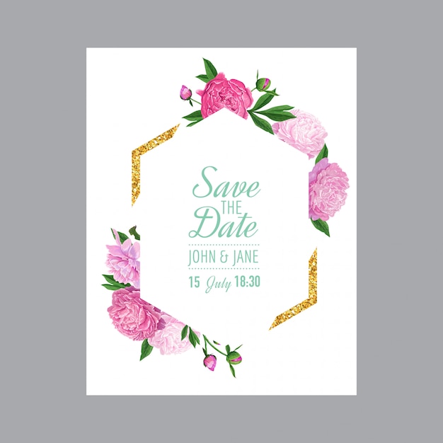 Tarjeta de invitación de boda floral con peonías rosas