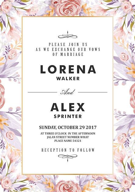 Tarjeta de invitación de boda floral de la plantilla de acuarela