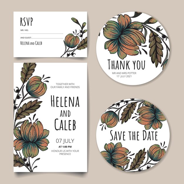 Vector tarjeta de invitación de boda floral vintage dibujada a mano hermosa vectorial