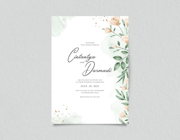 Tarjeta de invitación de boda con flores amarillas y hojas verdes.