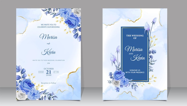 Tarjeta de invitación de boda con flores azules y marco dorado.