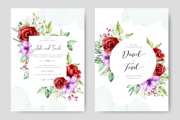 Tarjeta de invitación de boda con flores de colores y hojas