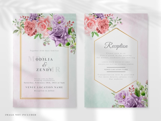tarjeta de invitación de boda con flores coloridas dibujadas a mano