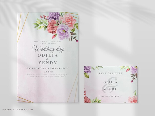 tarjeta de invitación de boda con flores coloridas dibujadas a mano