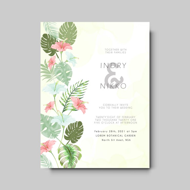 tarjeta de invitación de boda con flores hermosas y artísticas