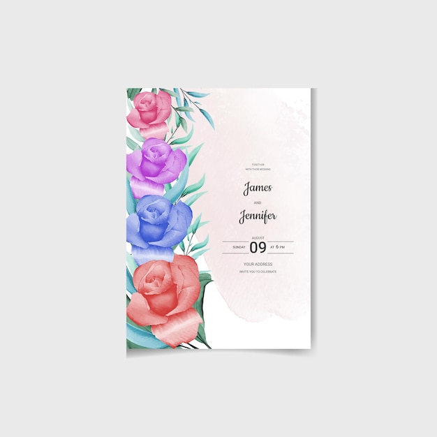 Tarjeta de invitación de boda con flores y hojas de acuarela