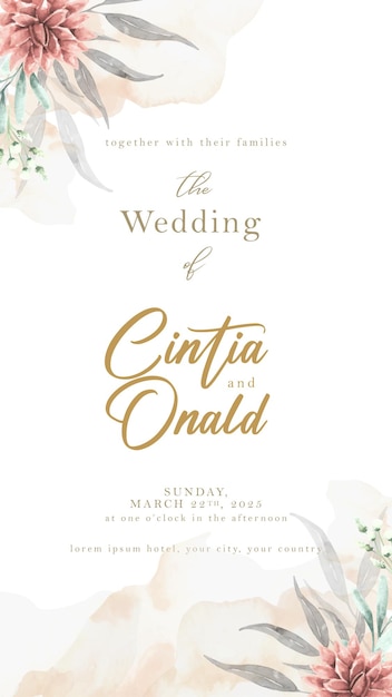 Tarjeta de invitación de boda con flores y hojas ornamento de acuarela