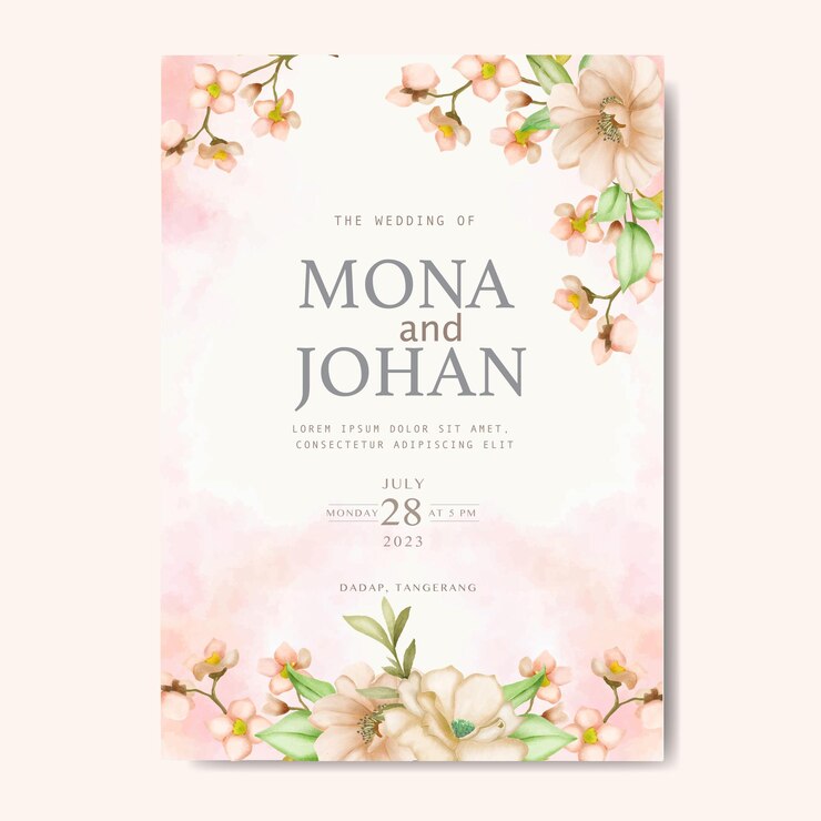 Tarjeta de invitación de boda con flores y hojas