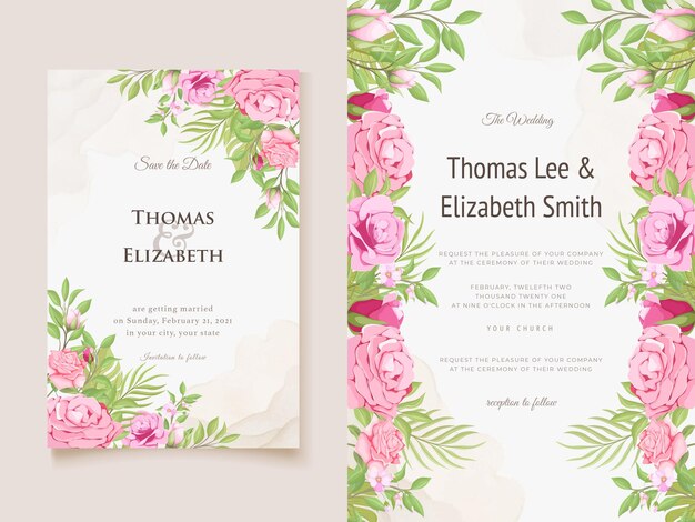 Tarjeta de invitación de boda con flores y hojas