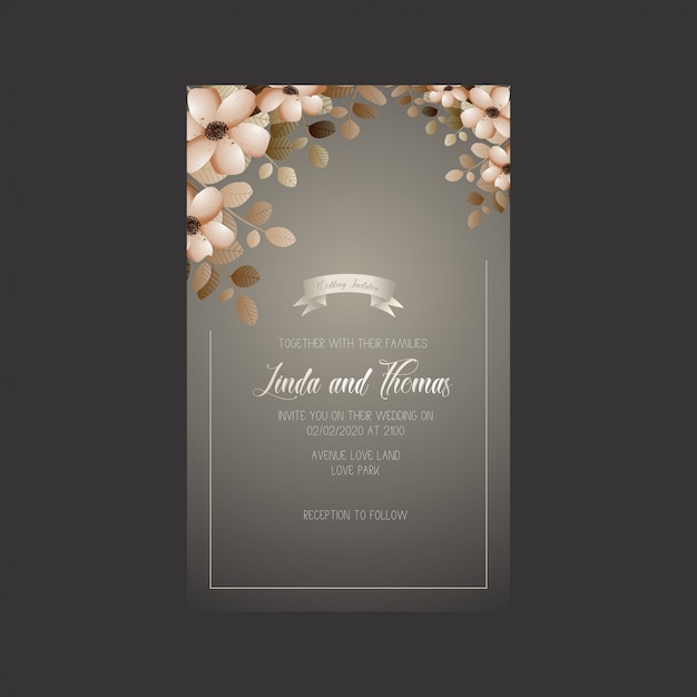 Tarjeta de invitación de boda con flores y hojas